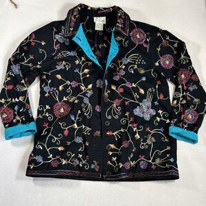 Vintage Quacker Factory Black Embroidered Beaded Jacket Teal Trim